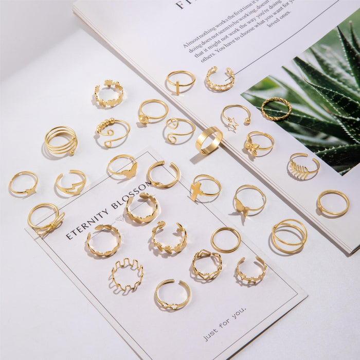 New Mixed Ring Set – Minimalist Alloy Butterfly & Leaf Rings, 20-Piece Mix