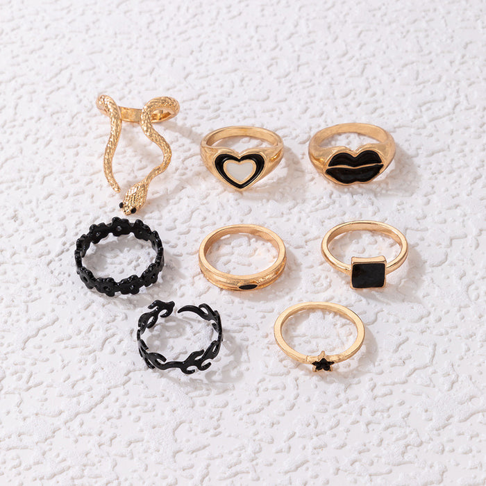 Lip love dripping oil star ring set, geometric letter snake zodiac eight-piece set