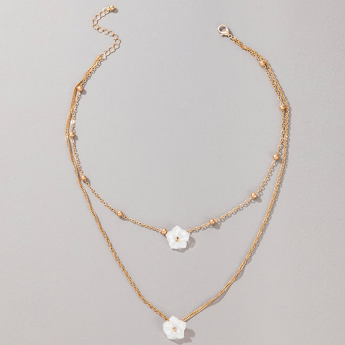 Minimalist White Flower Bead Necklace - Elegant Double-Layer Acrylic Choker