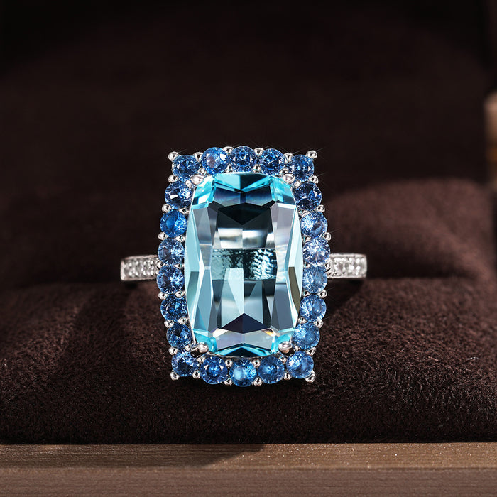 Anillo de boda europeo y americano con circonita azul cielo rectangular grande de moda para dama