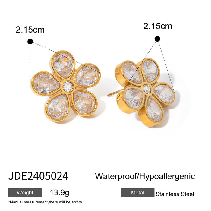 18K Gold Stainless Steel Zircon Flower Earrings - Minimalist High-End Titanium Steel Jewelry