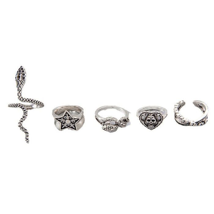 Punk Snake Skull Ring Set - Dark Five-Piece Set for Women