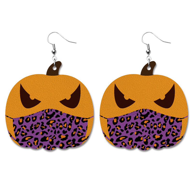Creative Halloween PU Leather Earrings with Pumpkin and Bat Design - wallojewerly 