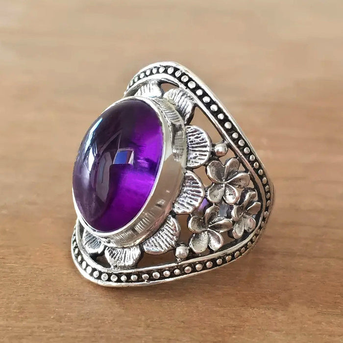 Anillo tallado con piedra lunar, estilo retro bohemio, para mujer