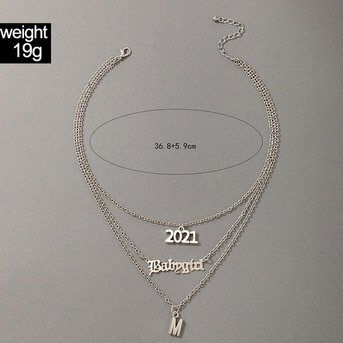 2021 Digital Alloy Three-Layer Necklace with Letter Silver Multi-Layer Clavicle Chain