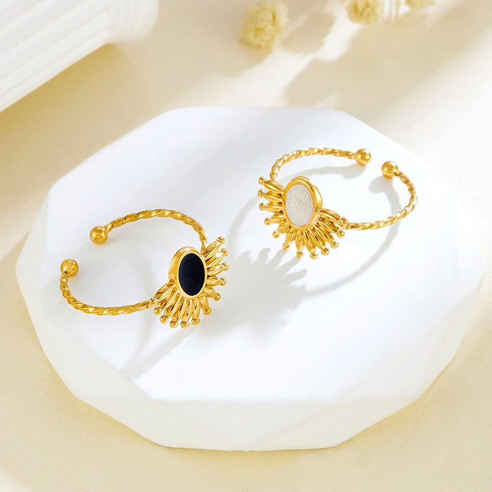 Wholesale stainless steel black and white enamel drip geometric sunflower open ring