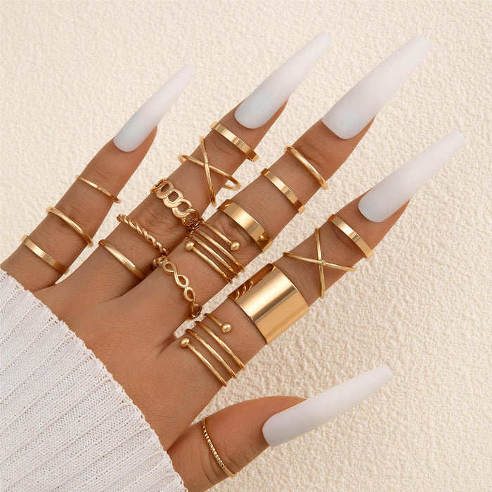 Retro Geometric Spiral and Gold Knuckle Ring Set - Eighteen-Piece Alloy Set