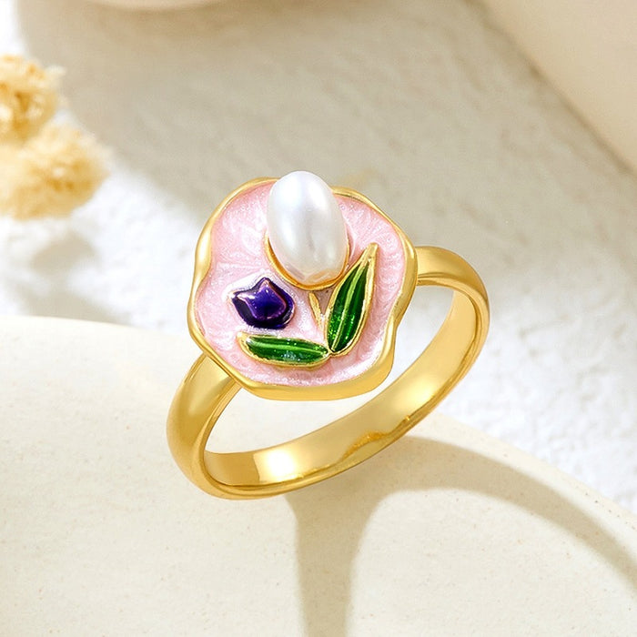 Wholesale copper micro-inlaid enamel painted drip flower open ring