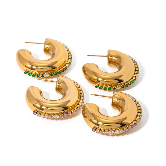 Spring/Summer New 18K Gold Plated Stainless Steel Green Zircon Stud Earrings - Simple White Zircon C-Shaped Earrings