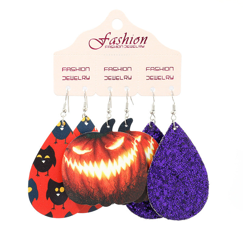 Halloween PU Leather Earring Set with Exaggerated Pumpkin and Alien Design - wallojewerly 