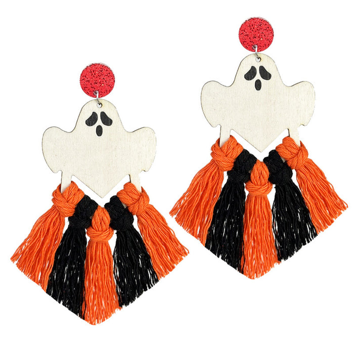 Halloween Handwoven Tassel Wooden Earrings with Colorful Pumpkin, Bat, Ghost, and Spider Designs