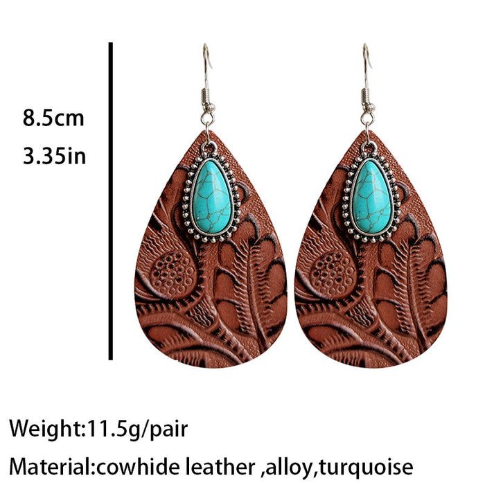 Bohemian Cowhide Leather Earrings with Bullhead and Turquoise Design