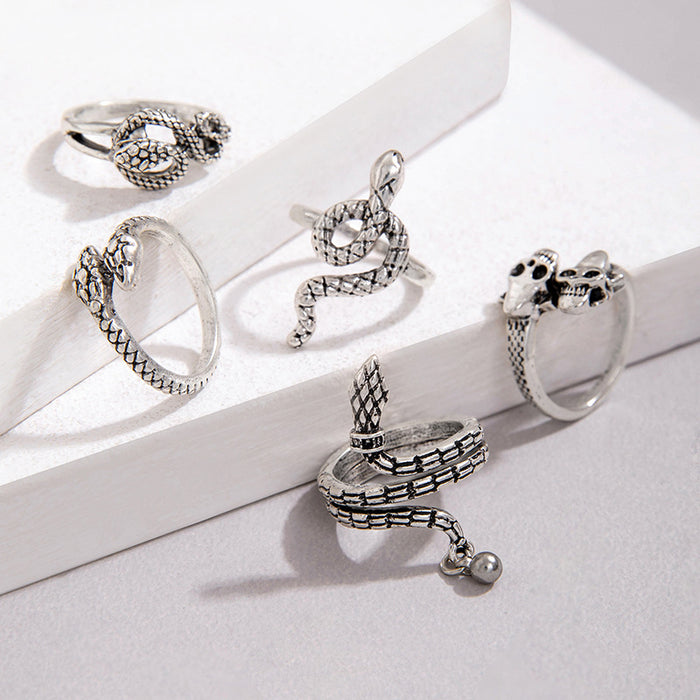 Heavy Metal Dark Series Exaggerated Butterfly Skull Snake Five-Piece Ring Set