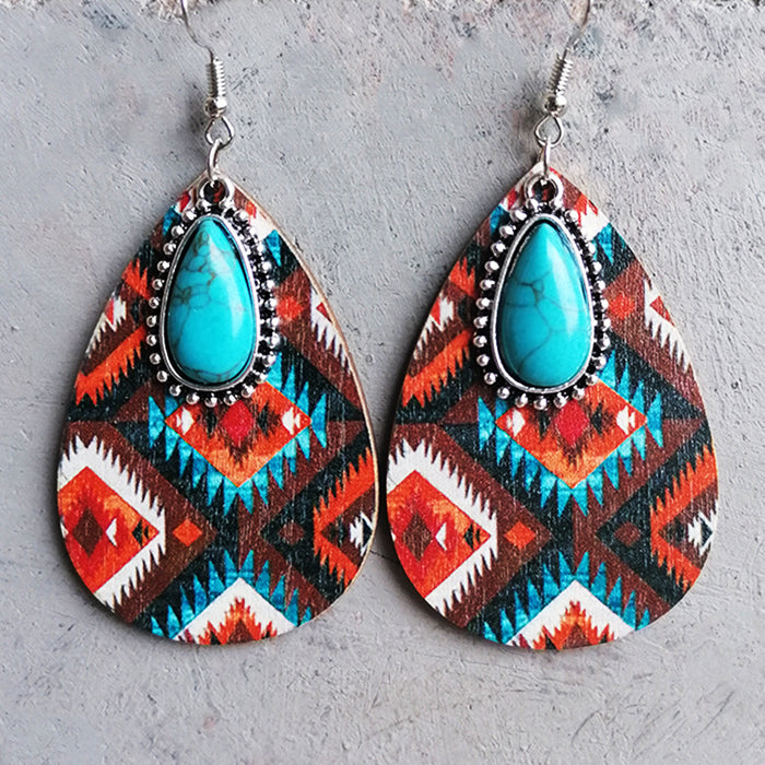 Turquoise Pendant Earrings with Aztec Western Bohemian Style