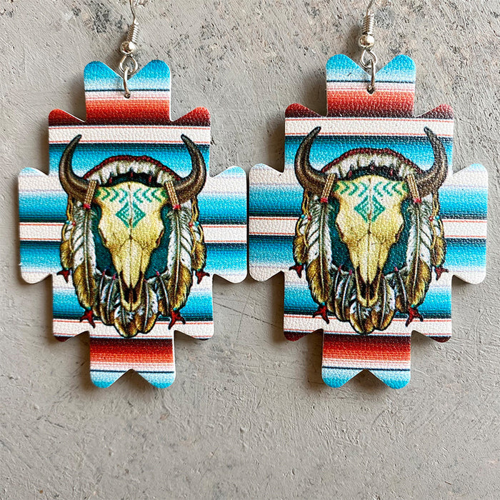 Aztec Sunflower PU Leather Earrings with Western Cowboy Style