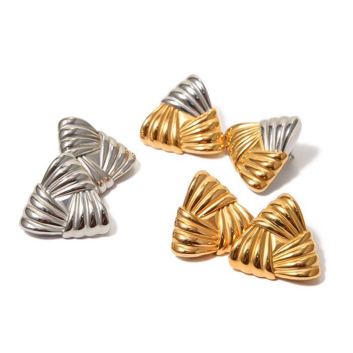 18K Gold Plated Stainless Steel Striped Trapezoid Earrings - Unique Titanium Steel Design