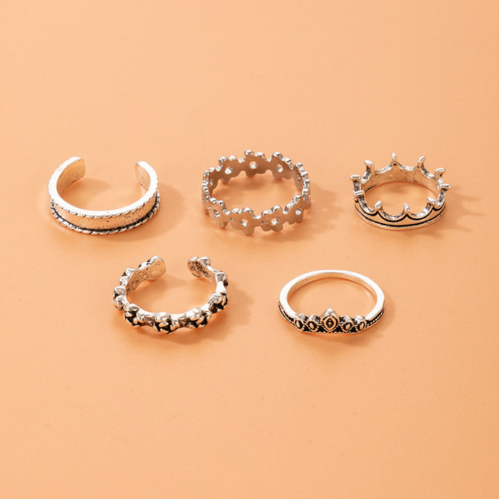 Flower hollow multi-piece ring set, geometric crown five-piece set