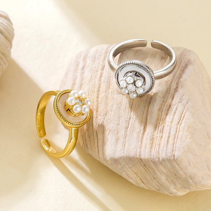 Wholesale adjustable copper micro-painted pearl flower ring