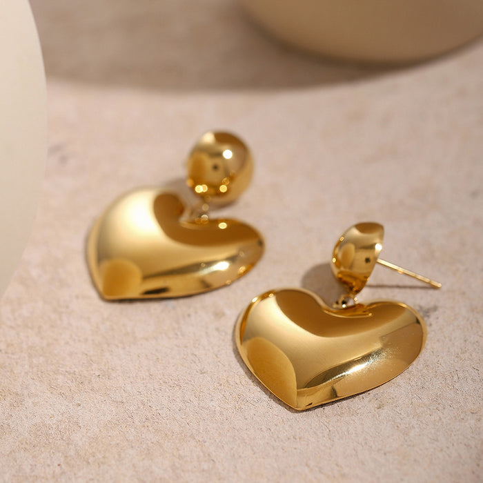 18K Gold Stainless Steel Polished Ball Earrings - Minimalist Heart Studs Jewelry