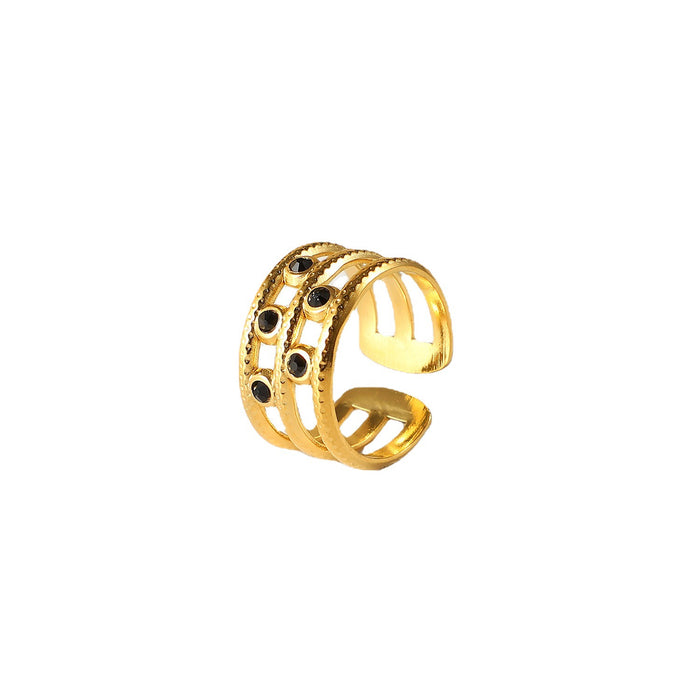 18K Gold Plated Stainless Steel Black Zircon Triple Layer Open Ring - Trendy Women's Jewelry