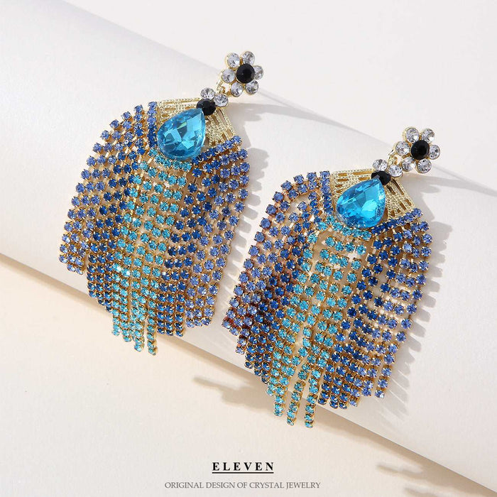 Blue full diamond tassel chain earrings