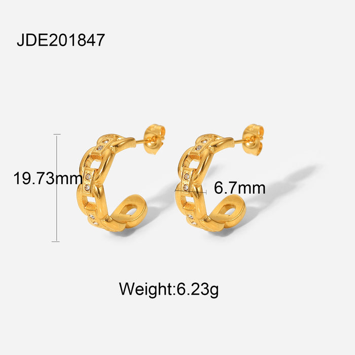 Trending European 18K Gold Plated Zircon Chain C-Shaped Stainless Steel Earrings - Jewelry for Women