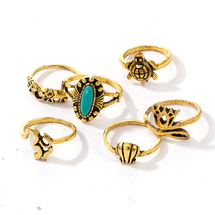 Ocean Style Turtle Shell Turquoise Leaf Ring 6-Piece Set