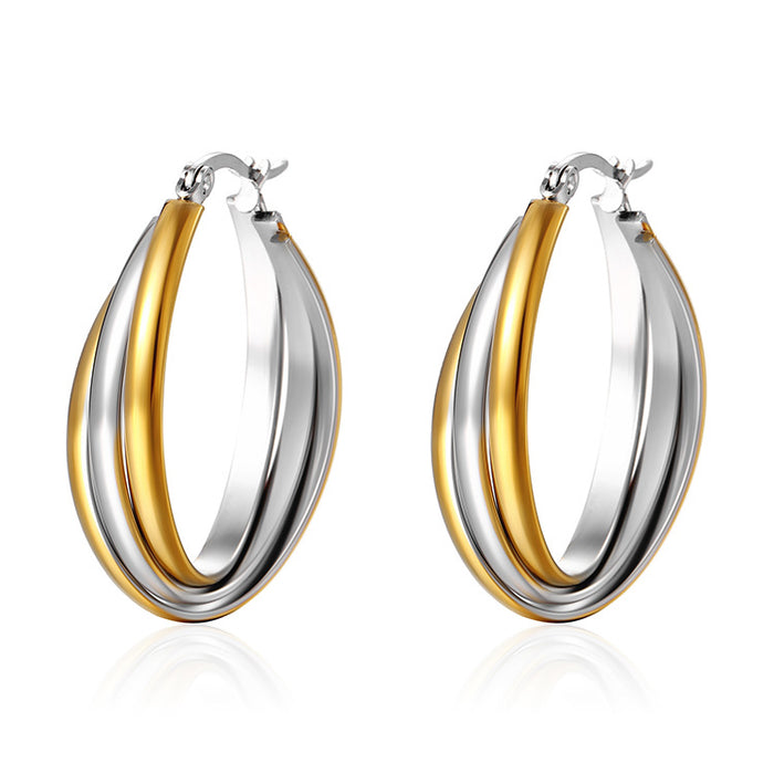 Light luxury oval earrings, stainless steel retro multi-layer stitching earrings