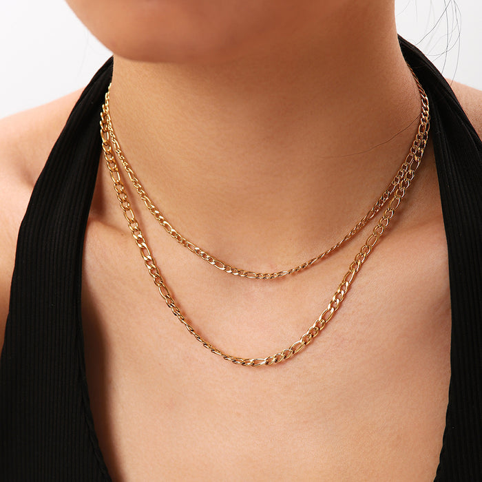 18K Gold-Plated Figaro Chain Necklace with Double Layers - Women's Fashion Jewelry