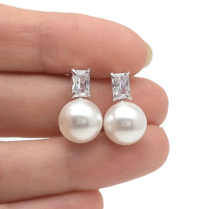 Pendientes de perlas de imitación de gran diámetro Pendientes de diamantes cuadrados de moda