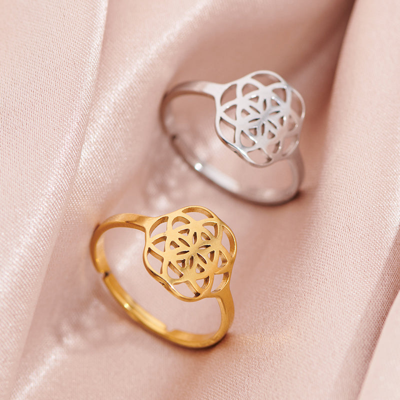 Anillo de flor de mandala, anillo abierto hueco de acero inoxidable galvanizado de 18 quilates al por mayor