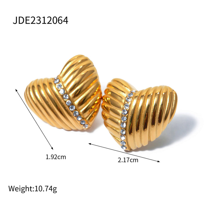 18K Gold Plated Stainless Steel Ribbed Heart Earrings - Trendy Jewelry for Women