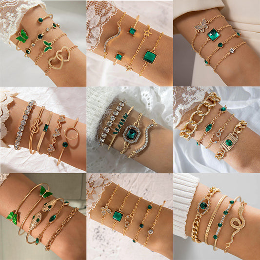 Green Gemstone Bracelet Set with Snake and Heart Design – Unique Statement Jewelry