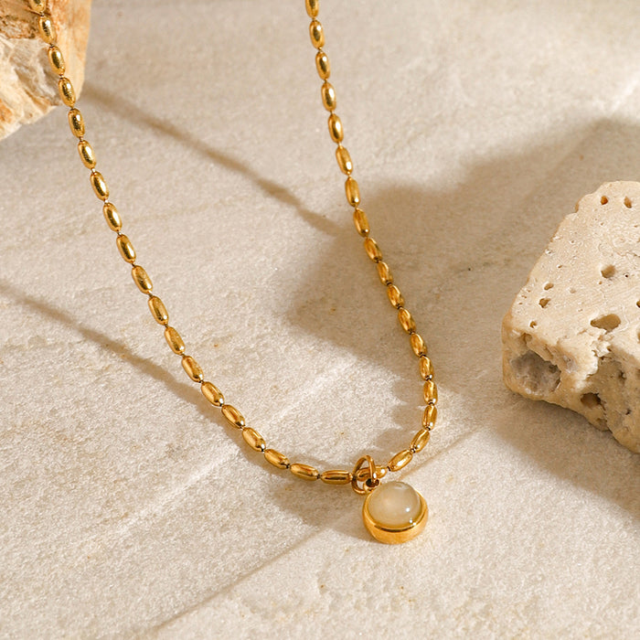 18K Gold-Plated Stainless Steel Necklace with Natural Stone Pendant - French Vintage Agate and Bead Design