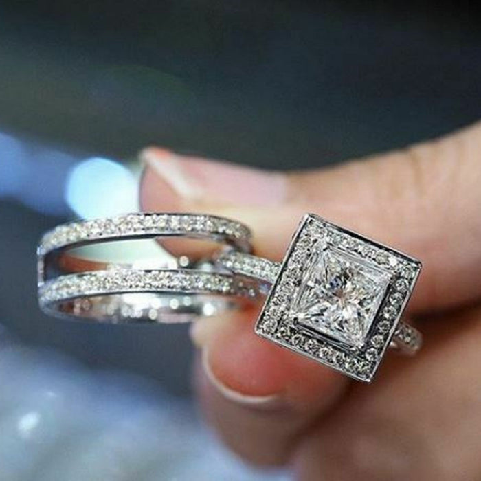 Creative two-in-one square zircon couple rings for men and women