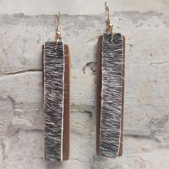 Double Layer Marquise Leather Earrings with Textured Long Hair Design