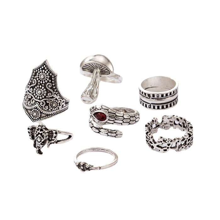 Mushroom Snake Elephant Silver Ring 7-Piece Set