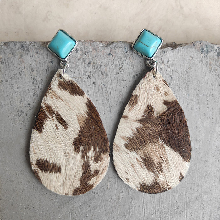 Leopard Print Cowhide Leather Teardrop Earrings with Turquoise Studs