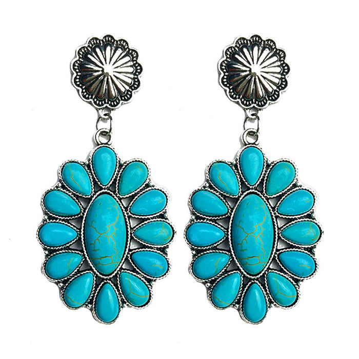 Vintage Ethnic Turquoise Flower Earrings with Alloy Western Style