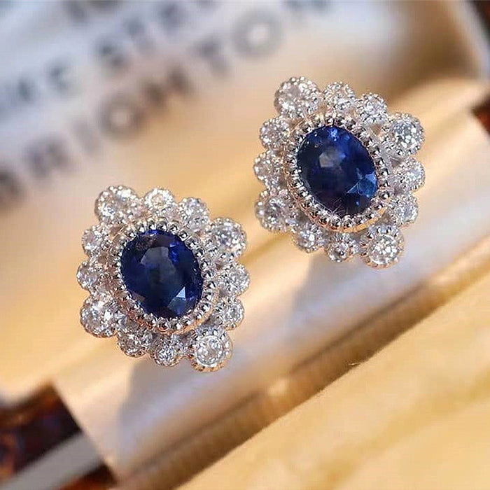 Pendientes de moda con diseño floral de circonita azul real en forma de diamante