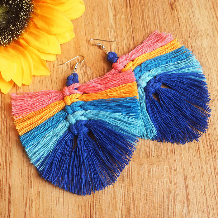 Handwoven Wooden Rainbow Tassel Earrings in a Baroque Style with Colorful Large Pendants