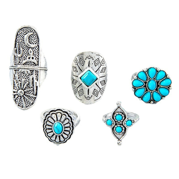 Vintage Totem Flower Turquoise Ring Set - 5pcs Unique Knuckle Rings