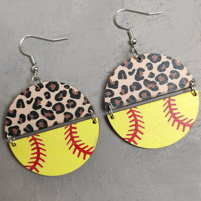 Sports Leopard Earrings with Half Circle Patchwork Baseball, Football, and Basketball Designs