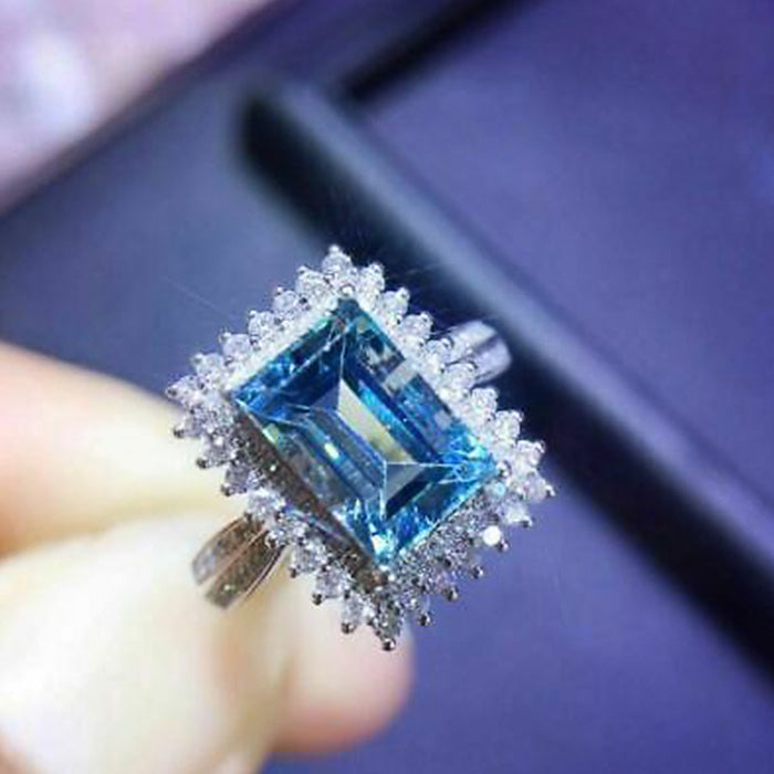 Anillo de novia de lujo con diamantes y circonitas cuadradas de color azul marino