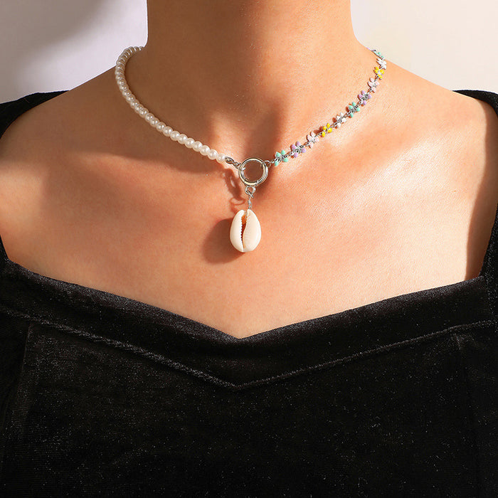 Asymmetric Pearl Colorful Flower Shell Pendant Single Layer Necklace with Ins Trend Design