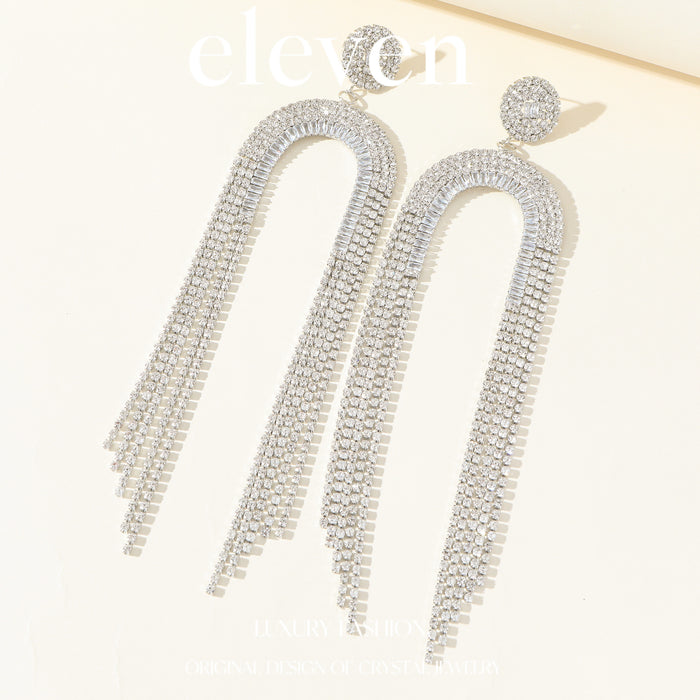 Exaggerated Arch Tassel Earrings - Full Rhinestone Dangles for Evening Gowns