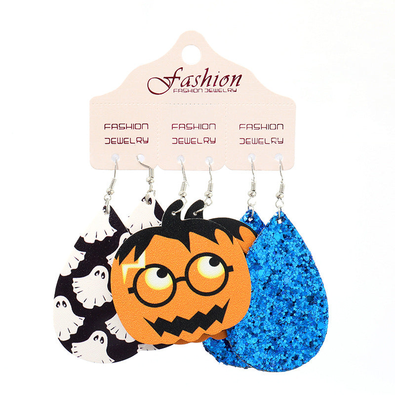 Halloween PU Leather Earring Set with Exaggerated Pumpkin and Alien Design - wallojewerly 