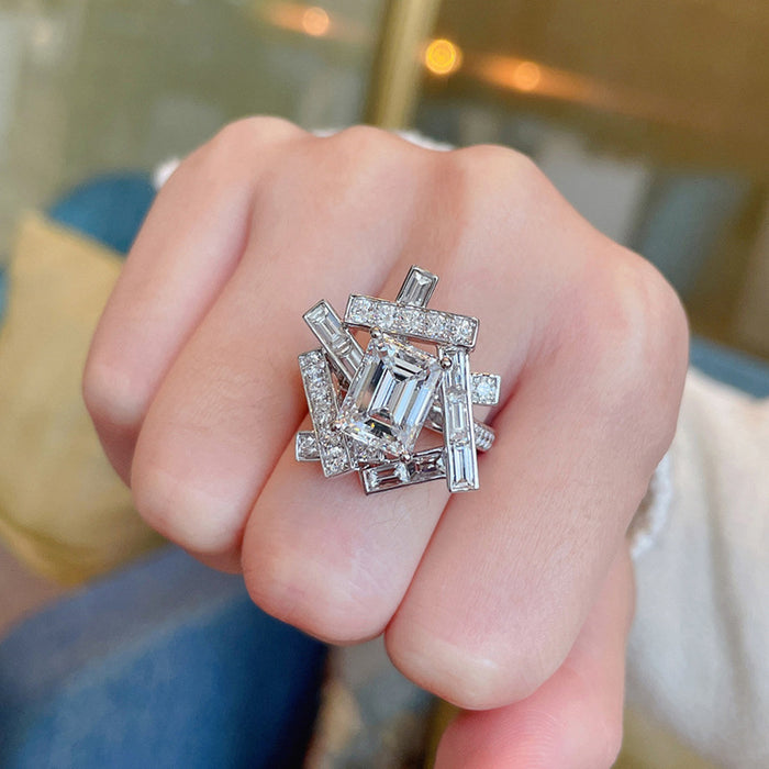 Interwoven rectangular ring ins geometric diamond ring high and low staggered design