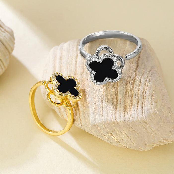 Wholesale black four-leaf clover micro-pave rotating open ring