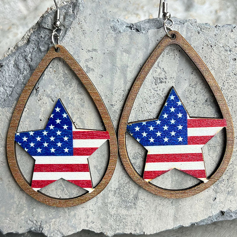 Wooden flower patriotic earrings